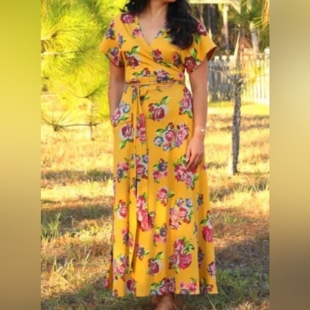 Matilda Jane • Floral Mustard Yellow Alana Wrap Dress • Size M • EUC